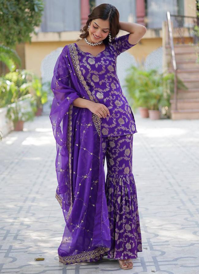 Viscose Georgette Violet Ceremonial Wear Jacquard Work Readymade Sharara Suit